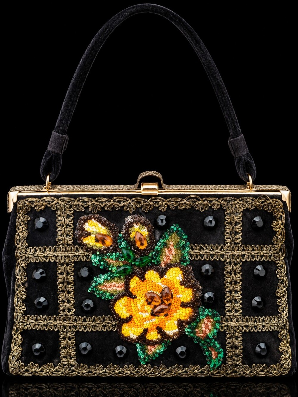 Vintage 1960s CARON of Houston Hand Decorated Jeweled Floral Beaded Handbag